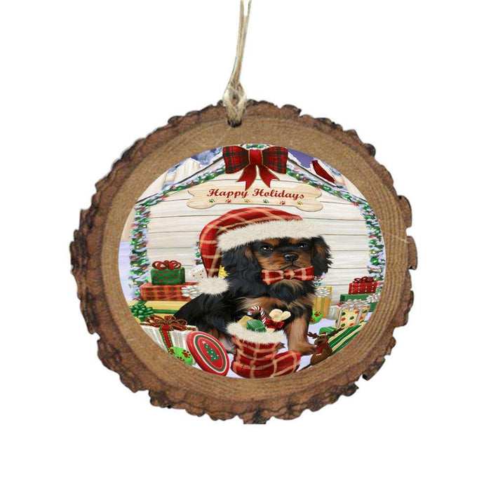 Happy Holidays Christmas Cavalier King Charles Spaniel House With Presents Wooden Christmas Ornament WOR49832