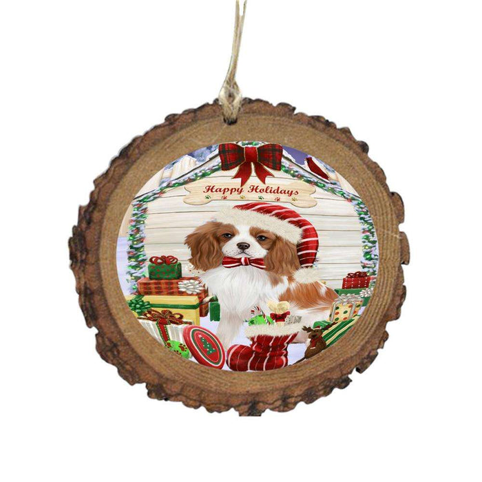 Happy Holidays Christmas Cavalier King Charles Spaniel House With Presents Wooden Christmas Ornament WOR49833