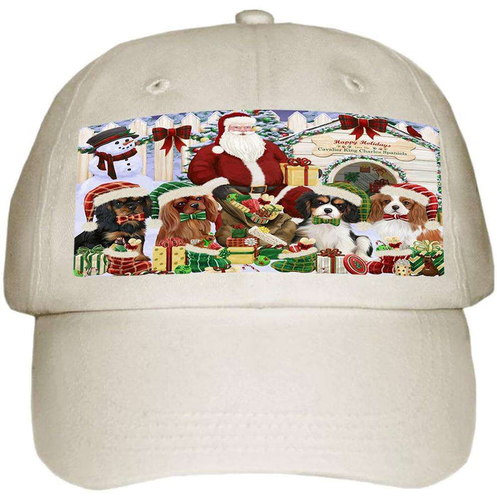 Happy Holidays Christmas Cavalier King Charles Spaniels Dog House Gathering Ball Hat Cap HAT58065