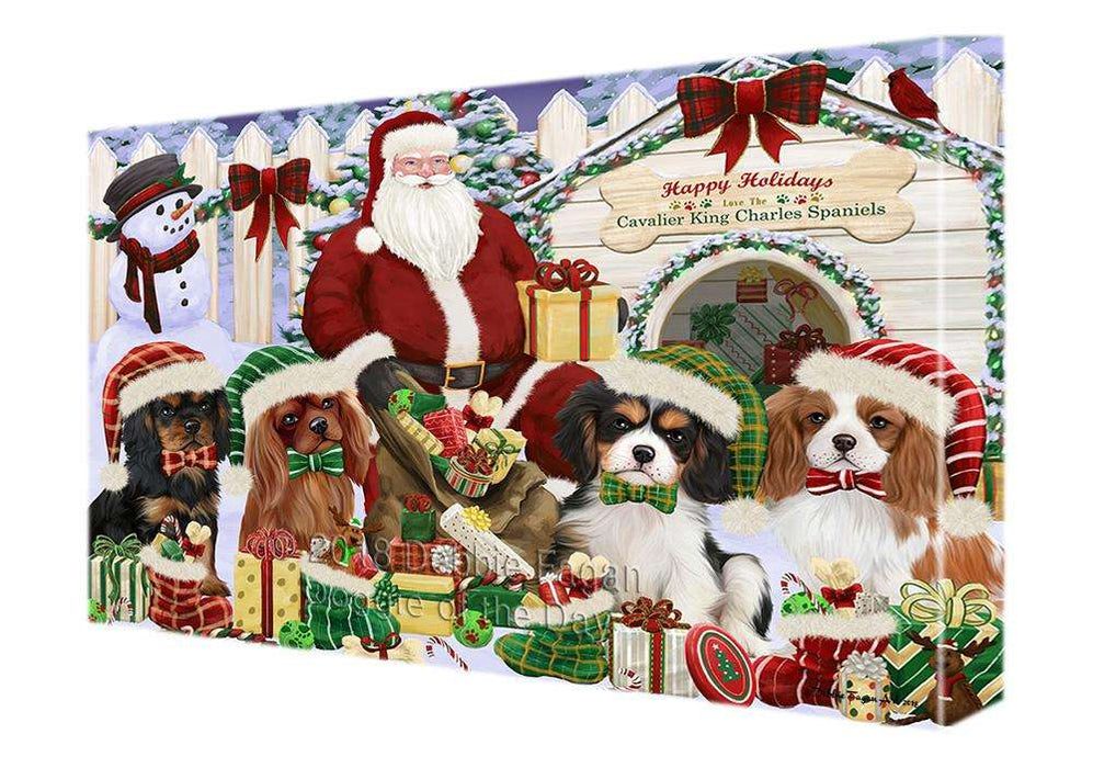 Happy Holidays Christmas Cavalier King Charles Spaniels Dog House Gathering Canvas Print Wall Art Décor CVS79046