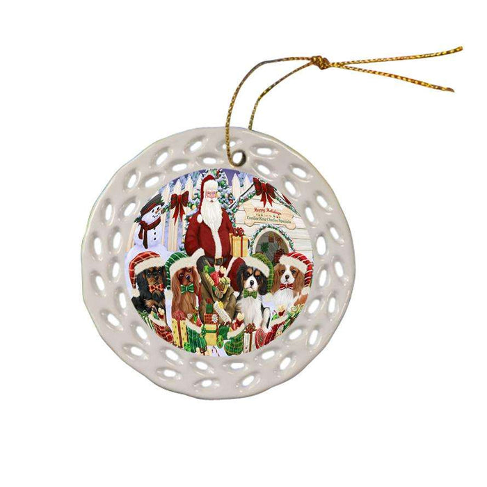 Happy Holidays Christmas Cavalier King Charles Spaniels Dog House Gathering Ceramic Doily Ornament DPOR51444