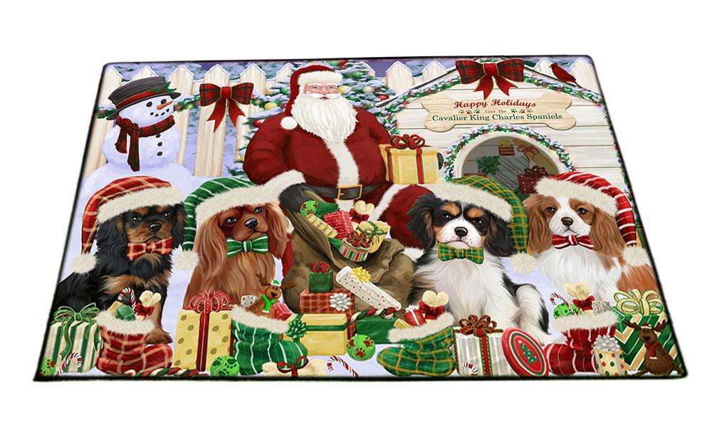 Happy Holidays Christmas Cavalier King Charles Spaniels Dog House Gathering Floormat FLMS51087