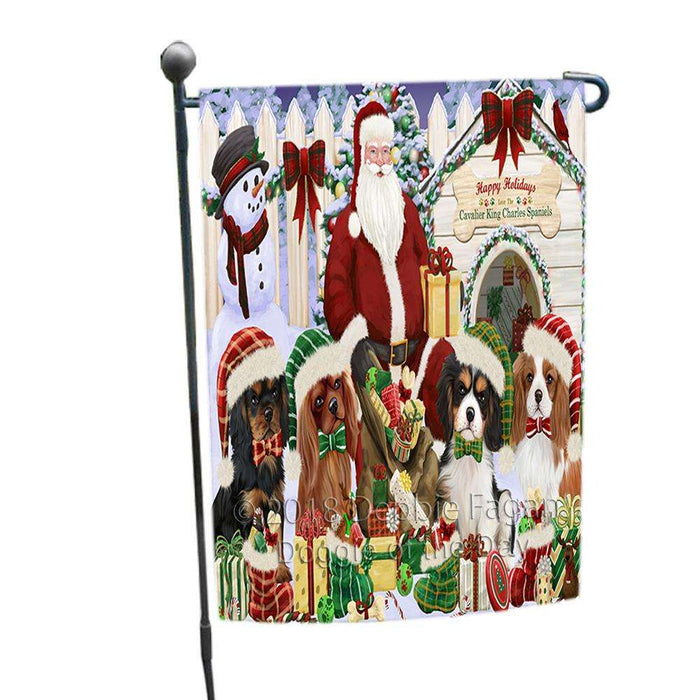 Happy Holidays Christmas Cavalier King Charles Spaniels Dog House Gathering Garden Flag GFLG51306