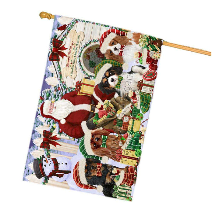 Happy Holidays Christmas Cavalier King Charles Spaniels Dog House Gathering House Flag FLG51442