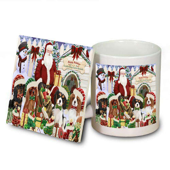 Happy Holidays Christmas Cavalier King Charles Spaniels Dog House Gathering Mug and Coaster Set MUC51436