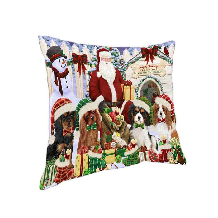 Happy Holidays Christmas Cavalier King Charles Spaniels Dog House Gathering Pillow PIL61600
