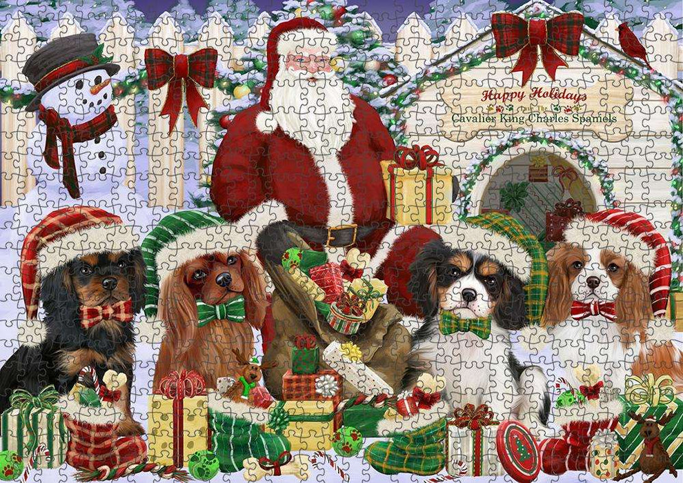 Happy Holidays Christmas Cavalier King Charles Spaniels Dog House Gathering Puzzle with Photo Tin PUZL58014