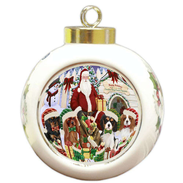 Happy Holidays Christmas Cavalier King Charles Spaniels Dog House Gathering Round Ball Christmas Ornament RBPOR51444