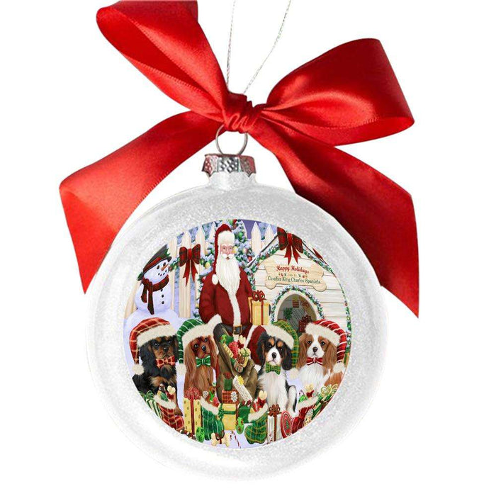 Happy Holidays Christmas Cavalier King Charles Spaniels Dog House Gathering White Round Ball Christmas Ornament WBSOR49694