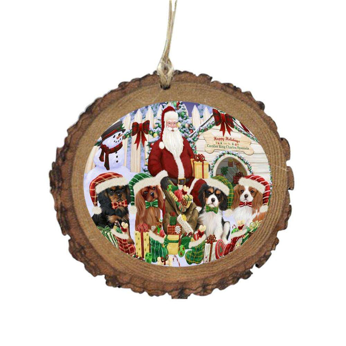 Happy Holidays Christmas Cavalier King Charles Spaniels Dog House Gathering Wooden Christmas Ornament WOR49694