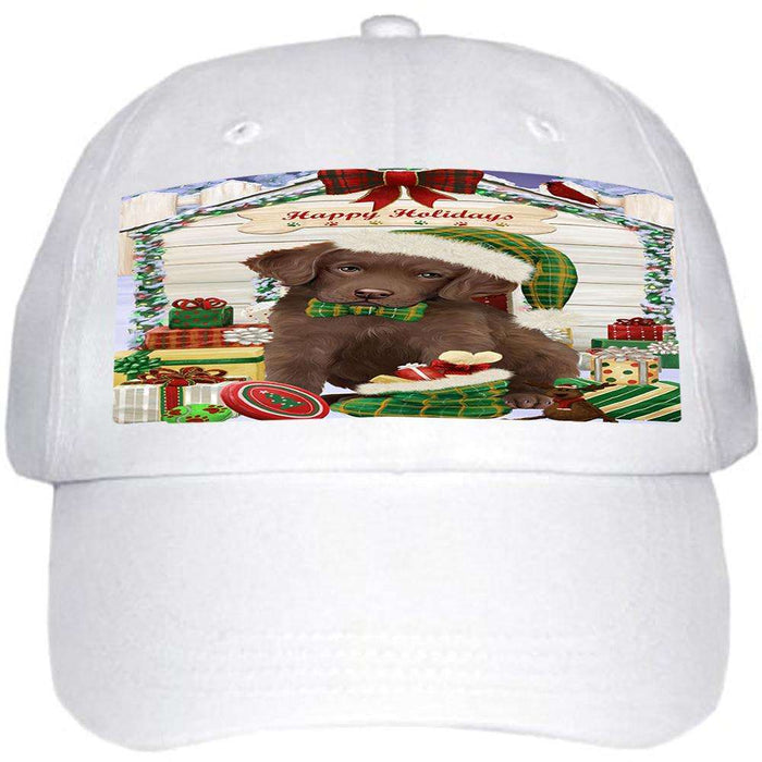 Happy Holidays Christmas Chesapeake Bay Retriever Dog House with Presents Ball Hat Cap HAT57897
