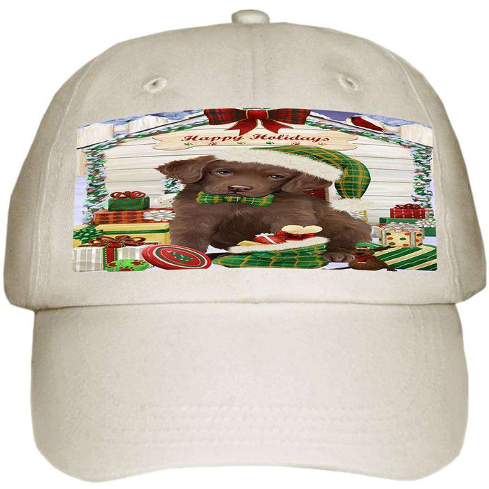 Happy Holidays Christmas Chesapeake Bay Retriever Dog House with Presents Ball Hat Cap HAT57897