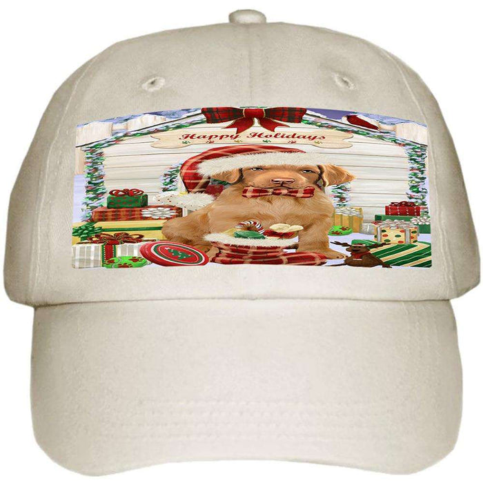 Happy Holidays Christmas Chesapeake Bay Retriever Dog House with Presents Ball Hat Cap HAT57903