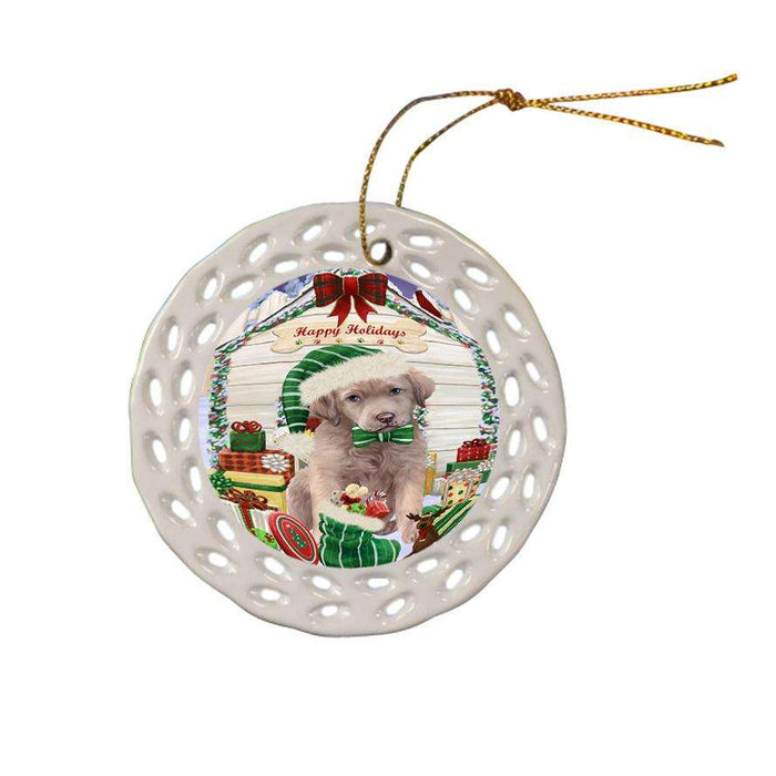 Happy Holidays Christmas Chesapeake Bay Retriever Dog House with Presents Ceramic Doily Ornament DPOR51389