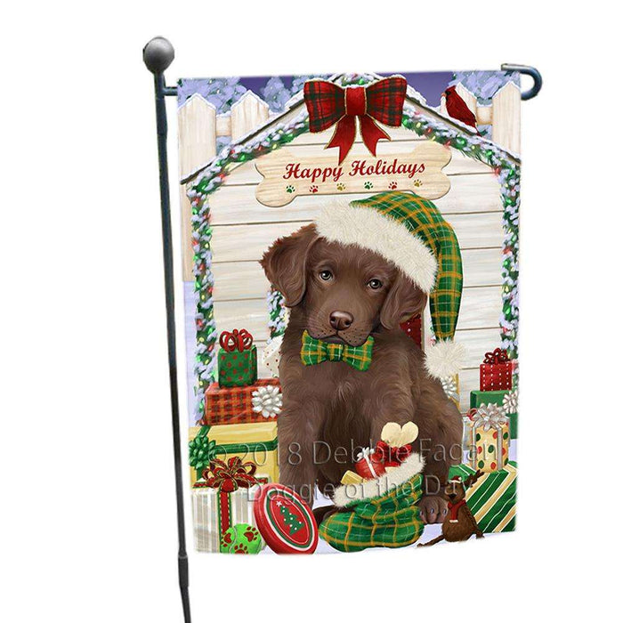 Happy Holidays Christmas Chesapeake Bay Retriever Dog House with Presents Garden Flag GFLG51325