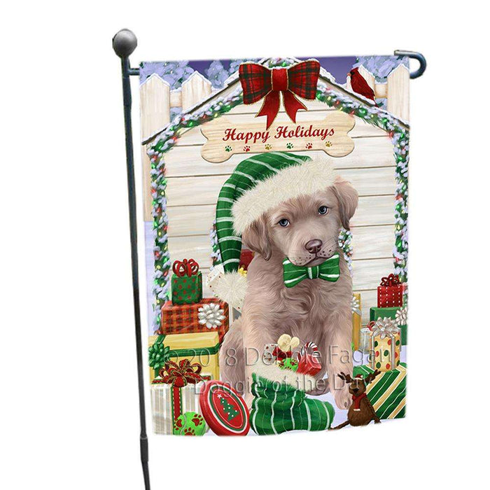 Happy Holidays Christmas Chesapeake Bay Retriever Dog House with Presents Garden Flag GFLG51326