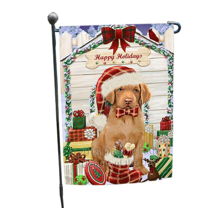 Happy Holidays Christmas Chesapeake Bay Retriever Dog House with Presents Garden Flag GFLG51327