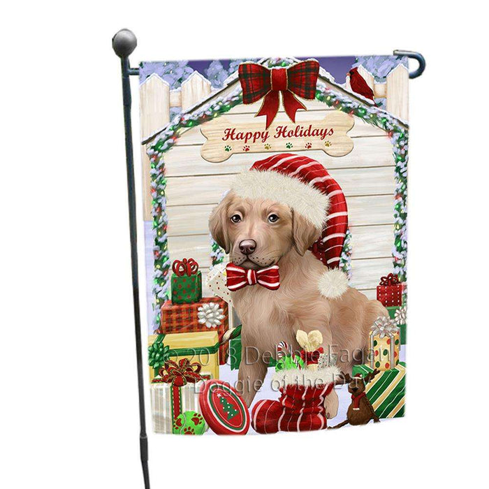 Happy Holidays Christmas Chesapeake Bay Retriever Dog House with Presents Garden Flag GFLG51328