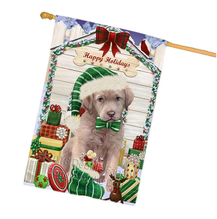 Happy Holidays Christmas Chesapeake Bay Retriever Dog House with Presents House Flag FLG51462