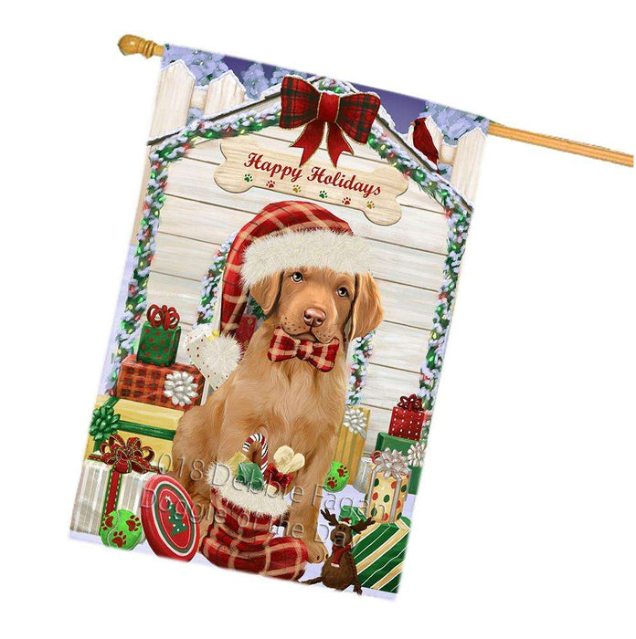 Happy Holidays Christmas Chesapeake Bay Retriever Dog House with Presents House Flag FLG51463