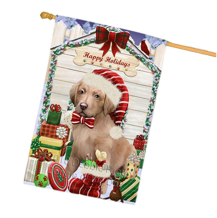 Happy Holidays Christmas Chesapeake Bay Retriever Dog House with Presents House Flag FLG51464