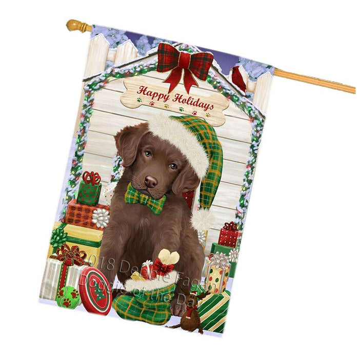 Happy Holidays Christmas Chesapeake Bay Retriever Dog House with Presents House Flag FLG51536