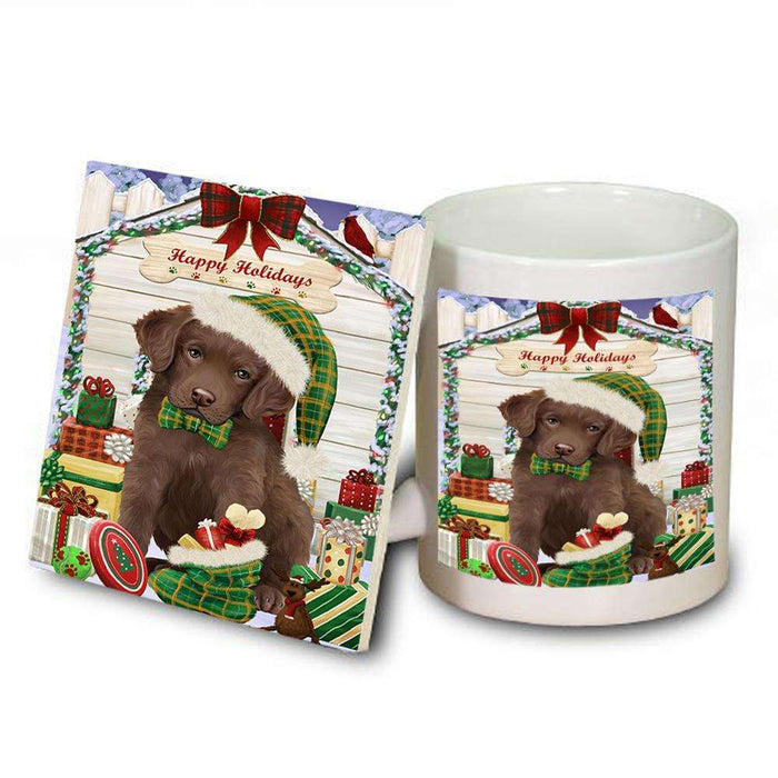 Happy Holidays Christmas Chesapeake Bay Retriever Dog House with Presents Mug and Coaster Set MUC51380