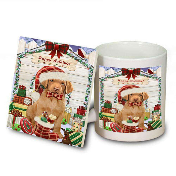 Happy Holidays Christmas Chesapeake Bay Retriever Dog House with Presents Mug and Coaster Set MUC51382