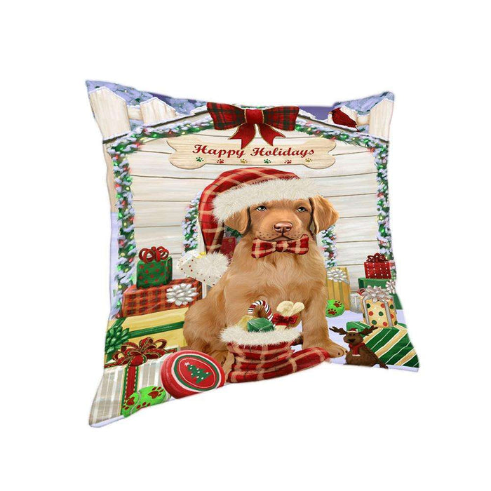 Happy Holidays Christmas Chesapeake Bay Retriever Dog House with Presents Pillow PIL61684
