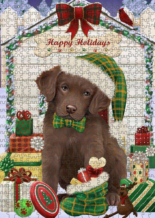 Happy Holidays Christmas Chesapeake Bay Retriever Dog House with Presents Puzzle with Photo Tin PUZL58071