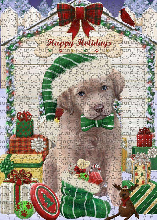 Happy Holidays Christmas Chesapeake Bay Retriever Dog House with Presents Puzzle with Photo Tin PUZL58074