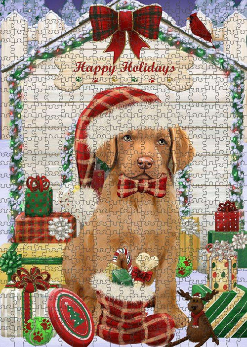 Happy Holidays Christmas Chesapeake Bay Retriever Dog House with Presents Puzzle with Photo Tin PUZL58077