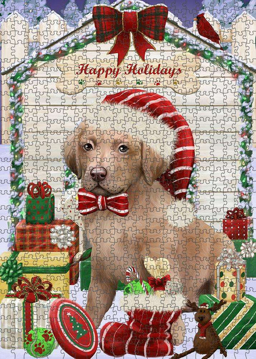 Happy Holidays Christmas Chesapeake Bay Retriever Dog House with Presents Puzzle with Photo Tin PUZL58080