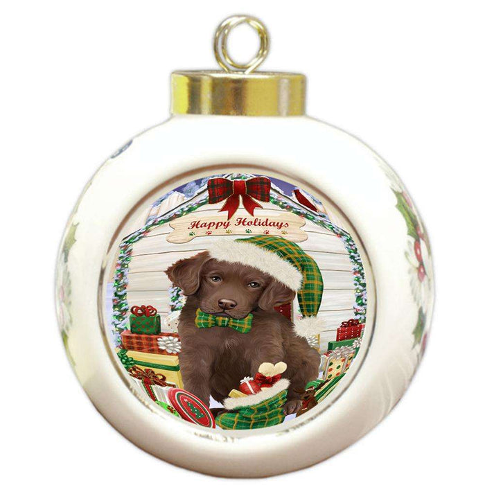 Happy Holidays Christmas Chesapeake Bay Retriever Dog House with Presents Round Ball Christmas Ornament RBPOR51388