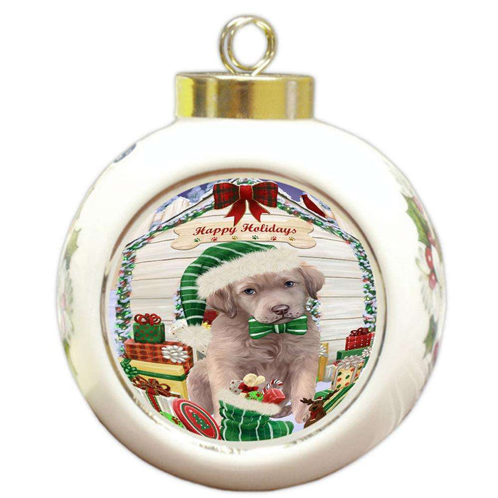 Happy Holidays Christmas Chesapeake Bay Retriever Dog House with Presents Round Ball Christmas Ornament RBPOR51389