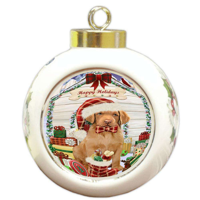 Happy Holidays Christmas Chesapeake Bay Retriever Dog House with Presents Round Ball Christmas Ornament RBPOR51390