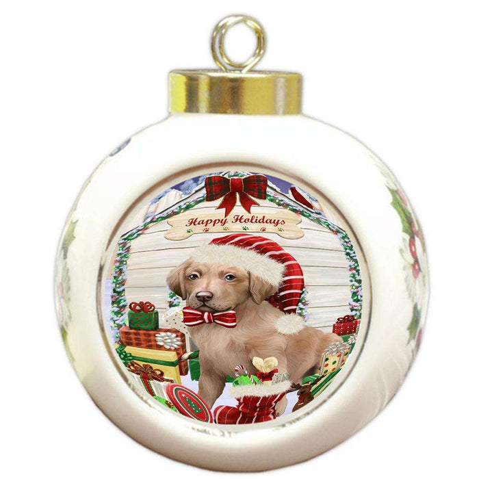 Happy Holidays Christmas Chesapeake Bay Retriever Dog House with Presents Round Ball Christmas Ornament RBPOR51391