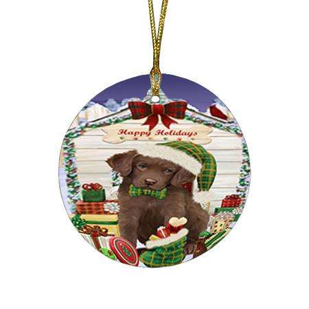Happy Holidays Christmas Chesapeake Bay Retriever Dog House with Presents Round Flat Christmas Ornament RFPOR51379