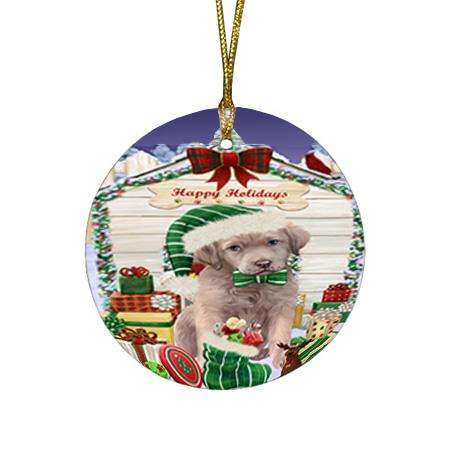 Happy Holidays Christmas Chesapeake Bay Retriever Dog House with Presents Round Flat Christmas Ornament RFPOR51380