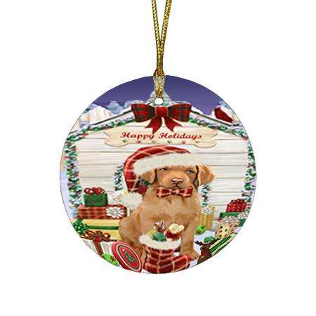 Happy Holidays Christmas Chesapeake Bay Retriever Dog House with Presents Round Flat Christmas Ornament RFPOR51381