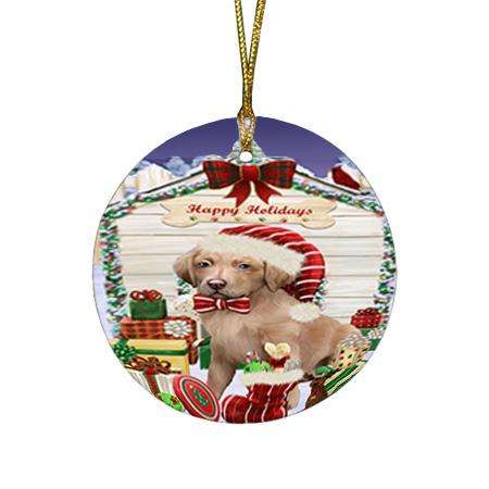 Happy Holidays Christmas Chesapeake Bay Retriever Dog House with Presents Round Flat Christmas Ornament RFPOR51382