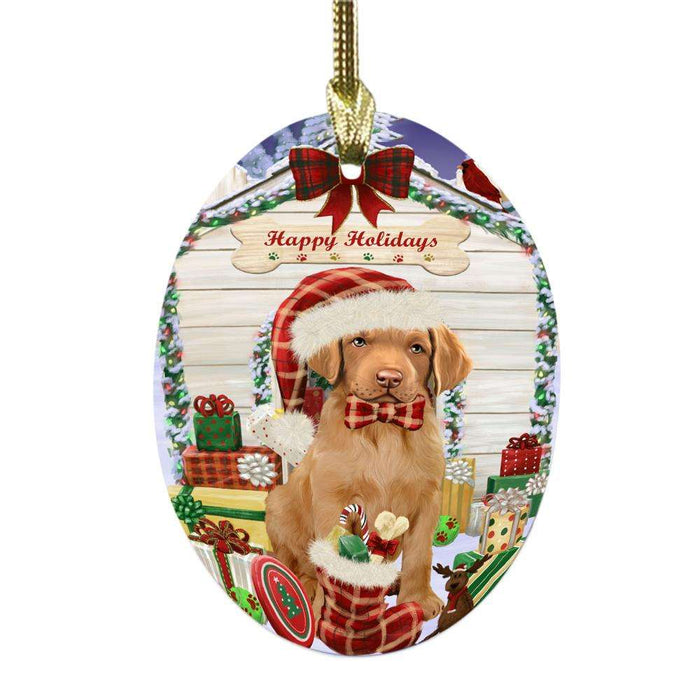 Happy Holidays Christmas Chesapeake Bay Retriever House With Presents Oval Glass Christmas Ornament OGOR49836