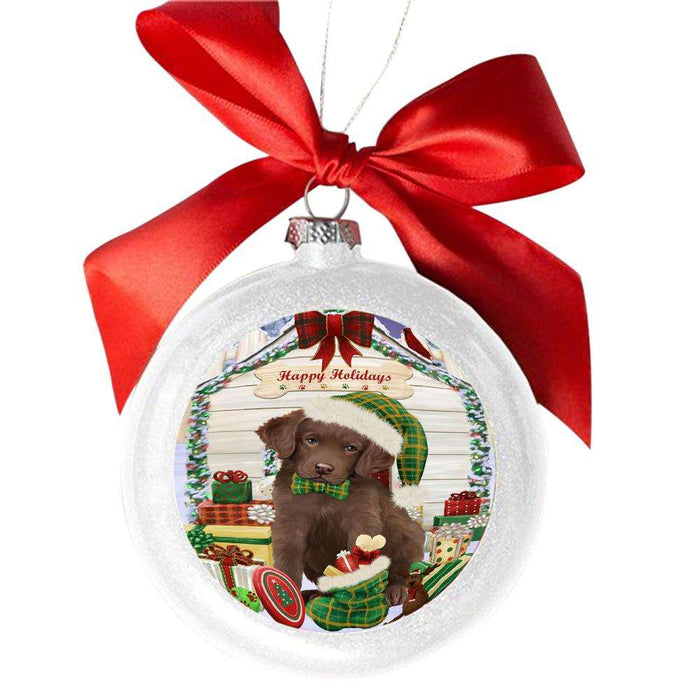 Happy Holidays Christmas Chesapeake Bay Retriever House With Presents White Round Ball Christmas Ornament WBSOR49834