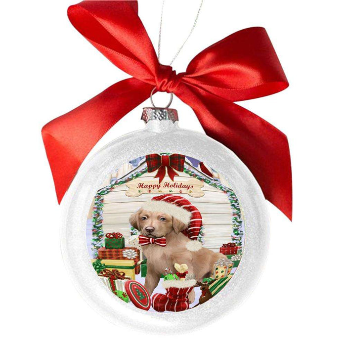 Happy Holidays Christmas Chesapeake Bay Retriever House With Presents White Round Ball Christmas Ornament WBSOR49837