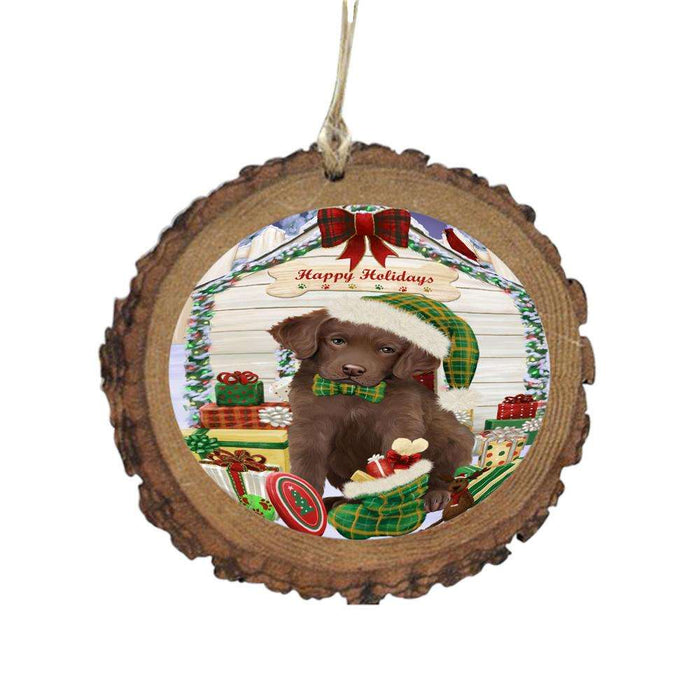 Happy Holidays Christmas Chesapeake Bay Retriever House With Presents Wooden Christmas Ornament WOR49834