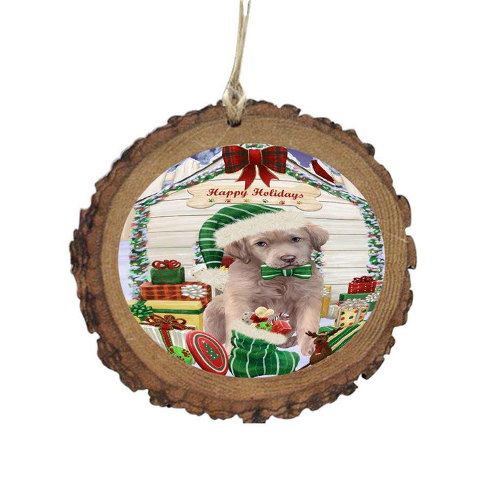 Happy Holidays Christmas Chesapeake Bay Retriever House With Presents Wooden Christmas Ornament WOR49835