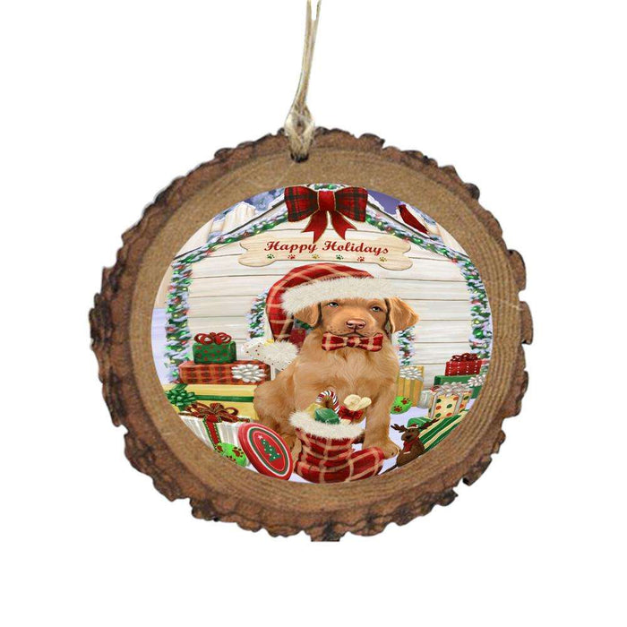 Happy Holidays Christmas Chesapeake Bay Retriever House With Presents Wooden Christmas Ornament WOR49836