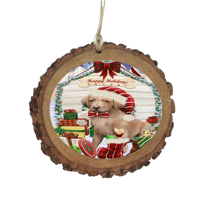 Happy Holidays Christmas Chesapeake Bay Retriever House With Presents Wooden Christmas Ornament WOR49837