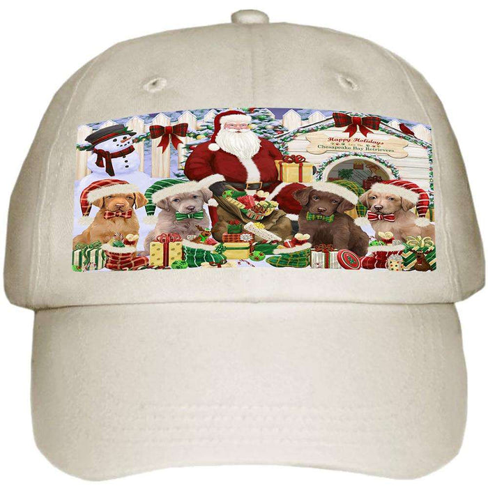 Happy Holidays Christmas Chesapeake Bay Retrievers Dog House Gathering Ball Hat Cap HAT58068