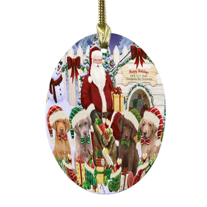 Happy Holidays Christmas Chesapeake Bay Retrievers Dog House Gathering Oval Glass Christmas Ornament OGOR49695